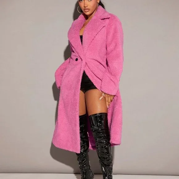 Pink Casual Womens Lapel Neck Double Button Teddy Coat - Picture 5 of 5